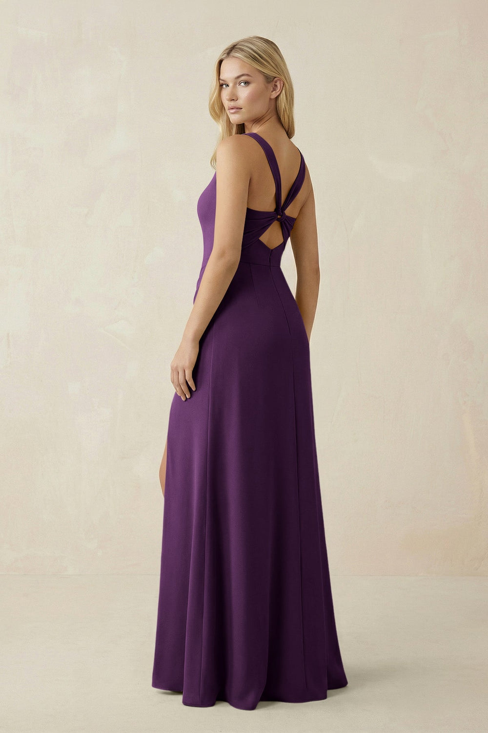 Square Neck Ruched Sheath Satin Bridesmaid Dress in Plum - SHE IS ME Bridesmaid Dresses