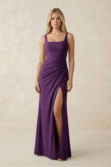Square Neck Ruched Sheath Satin Bridesmaid Dress in Plum - KISS BRIDAL Bridesmaid Dresses