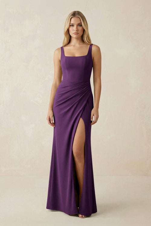 Square Neck Ruched Sheath Satin Bridesmaid Dress in Plum - KISS BRIDAL Bridesmaid Dresses