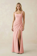 Square Neck Ruched Sheath Satin Bridesmaid Dress in Rose Petal - KISS BRIDAL Bridesmaid Dresses