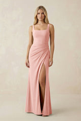 Square Neck Ruched Sheath Satin Bridesmaid Dress in Rose Petal - KISS BRIDAL Bridesmaid Dresses