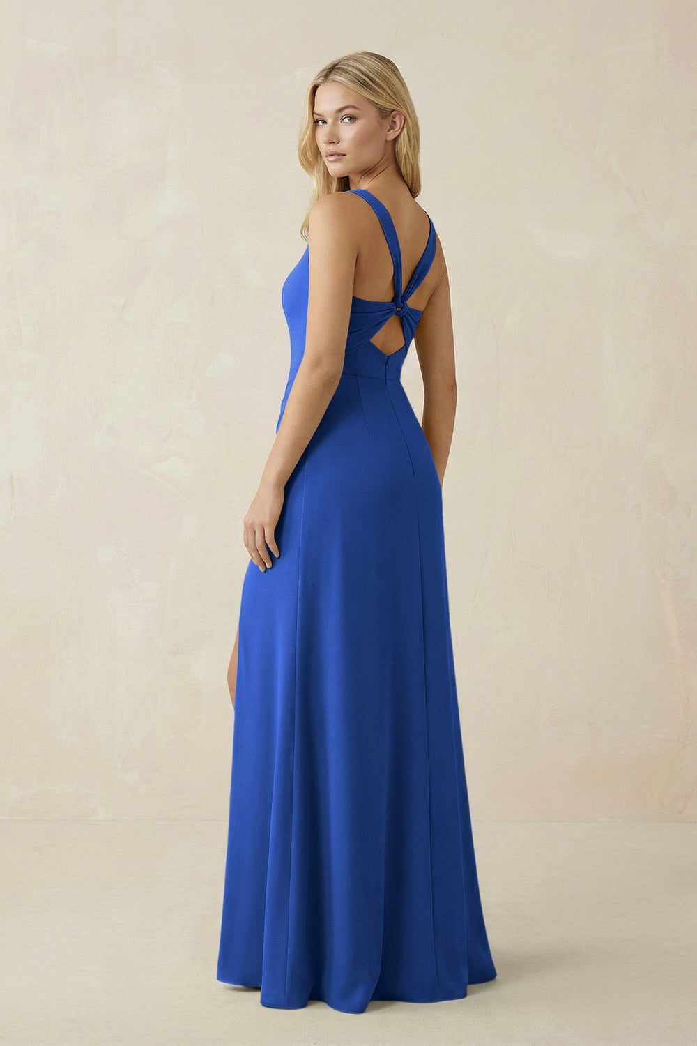 Square Neck Ruched Sheath Satin Bridesmaid Dress in Royal Blue - SHE IS ME Bridesmaid Dresses