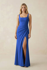 Square Neck Ruched Sheath Satin Bridesmaid Dress in Royal Blue - KISS BRIDAL Bridesmaid Dresses