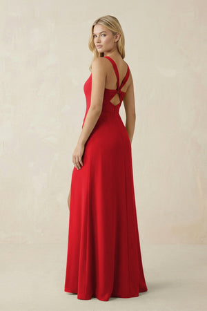 Square Neck Ruched Sheath Satin Bridesmaid Dress in Ruby Red - SHE IS ME Bridesmaid Dresses