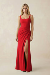 Square Neck Ruched Sheath Satin Bridesmaid Dress in Ruby Red - KISS BRIDAL Bridesmaid Dresses