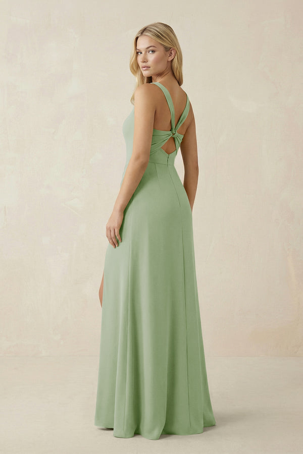 Square Neck Ruched Sheath Satin Bridesmaid Dress in Sage - SHE IS ME Bridesmaid Dresses