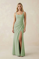 Square Neck Ruched Sheath Satin Bridesmaid Dress in Sage - SHE IS ME Bridesmaid Dresses