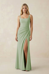 Square Neck Ruched Sheath Satin Bridesmaid Dress in Sage - KISS BRIDAL Bridesmaid Dresses