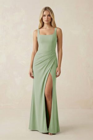 Square Neck Ruched Sheath Satin Bridesmaid Dress in Sage - SHE IS ME Bridesmaid Dresses