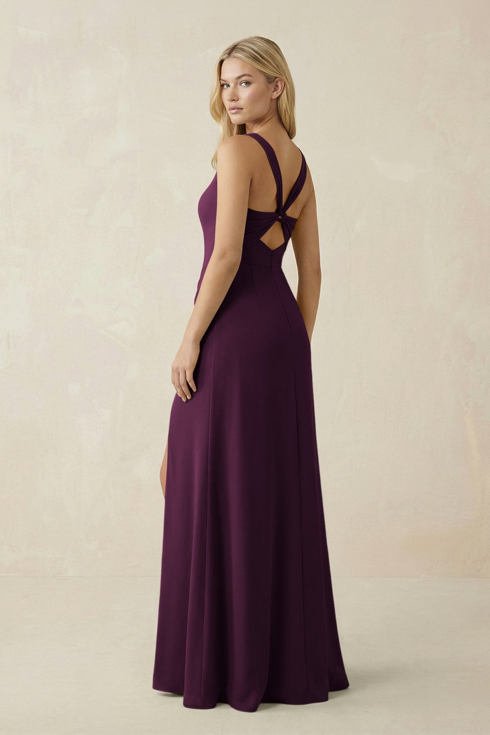 Square Neck Ruched Sheath Satin Bridesmaid Dress in Sangria - KISS BRIDAL Bridesmaid Dresses