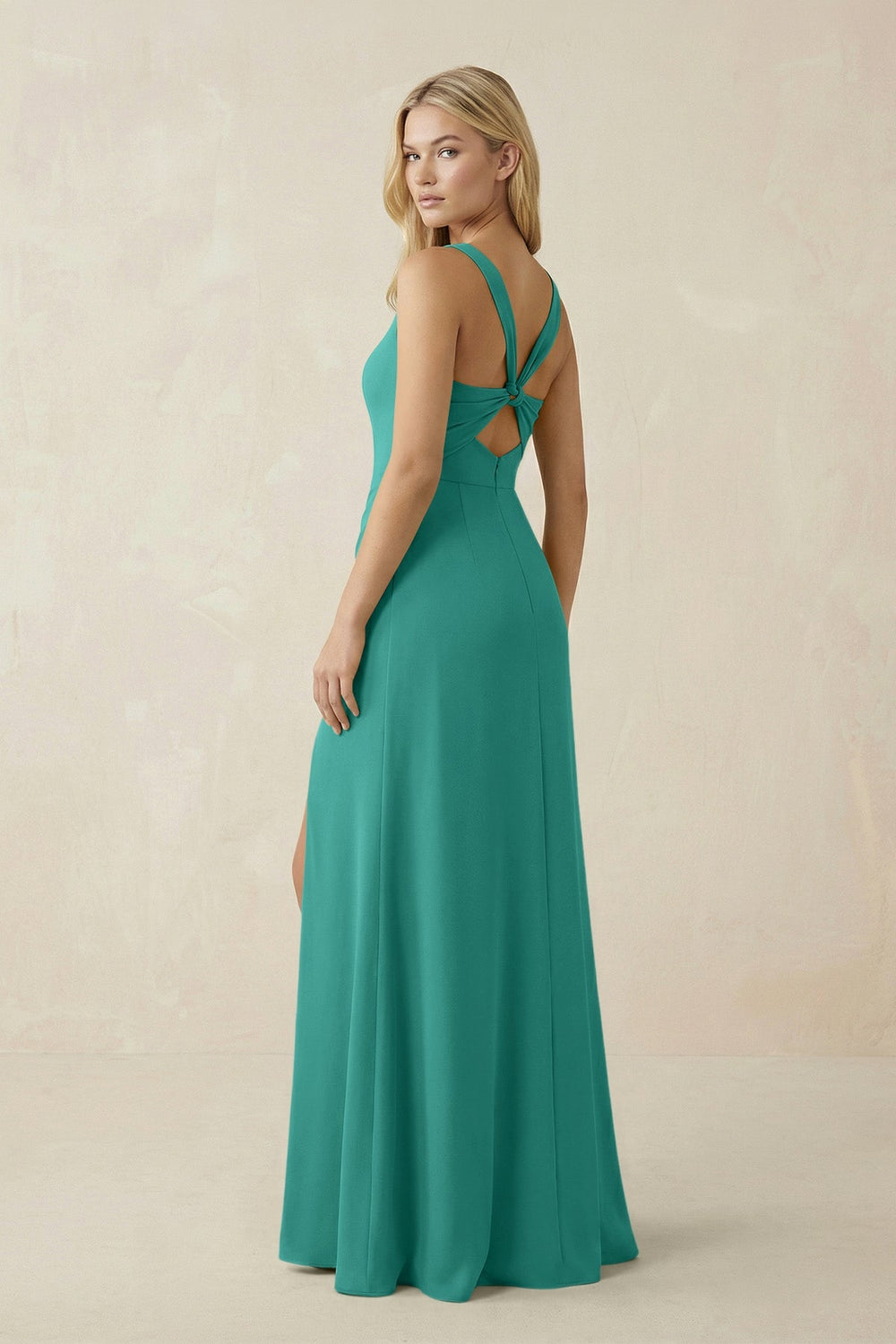 Square Neck Ruched Sheath Satin Bridesmaid Dress in Sea Glass - SHE IS ME Bridesmaid Dresses