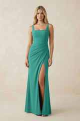 Square Neck Ruched Sheath Satin Bridesmaid Dress in Sea Glass - KISS BRIDAL Bridesmaid Dresses