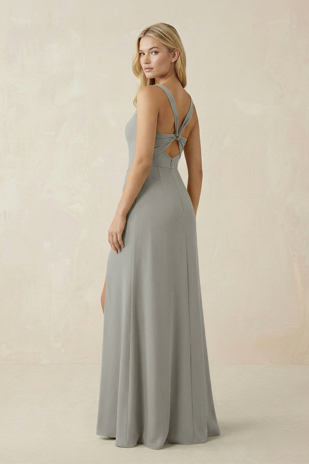 Square Neck Ruched Sheath Satin Bridesmaid Dress in Silver - SHE IS ME Bridesmaid Dresses