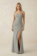 Square Neck Ruched Sheath Satin Bridesmaid Dress in Silver - KISS BRIDAL Bridesmaid Dresses