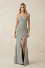 Square Neck Ruched Sheath Satin Bridesmaid Dress in Silver - KISS BRIDAL Bridesmaid Dresses