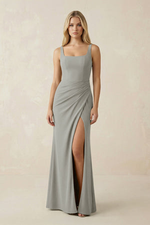 Square Neck Ruched Sheath Satin Bridesmaid Dress in Silver - KISS BRIDAL Bridesmaid Dresses