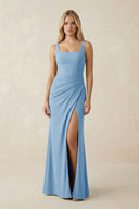 Square Neck Ruched Sheath Satin Bridesmaid Dress in Sky Blue - SHE IS ME Bridesmaid Dresses