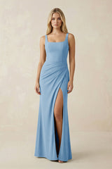Square Neck Ruched Sheath Satin Bridesmaid Dress in Sky Blue - KISS BRIDAL Bridesmaid Dresses
