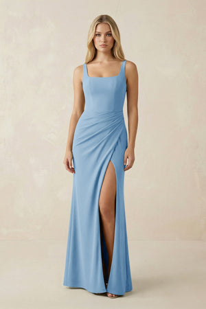 Square Neck Ruched Sheath Satin Bridesmaid Dress in Sky Blue - SHE IS ME Bridesmaid Dresses