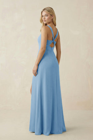 Square Neck Ruched Sheath Satin Bridesmaid Dress in Sky Blue - SHE IS ME Bridesmaid Dresses