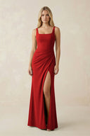 Square Neck Ruched Sheath Satin Bridesmaid Dress in Spice - SHE IS ME Bridesmaid Dresses