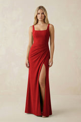 Square Neck Ruched Sheath Satin Bridesmaid Dress in Spice - KISS BRIDAL Bridesmaid Dresses
