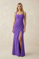 Square Neck Ruched Sheath Satin Bridesmaid Dress in Tahiti - KISS BRIDAL Bridesmaid Dresses