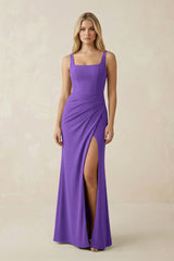 Square Neck Ruched Sheath Satin Bridesmaid Dress in Tahiti - KISS BRIDAL Bridesmaid Dresses