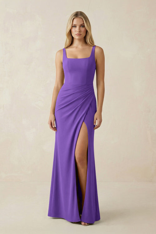Square Neck Ruched Sheath Satin Bridesmaid Dress in Tahiti - KISS BRIDAL Bridesmaid Dresses