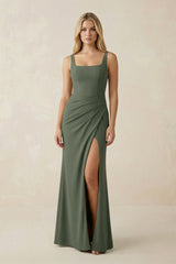 Square Neck Ruched Sheath Satin Bridesmaid Dress in Thyme - KISS BRIDAL Bridesmaid Dresses