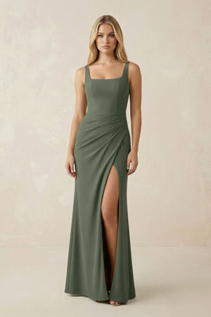 Square Neck Ruched Sheath Satin Bridesmaid Dress in Thyme - SHE IS ME Bridesmaid Dresses