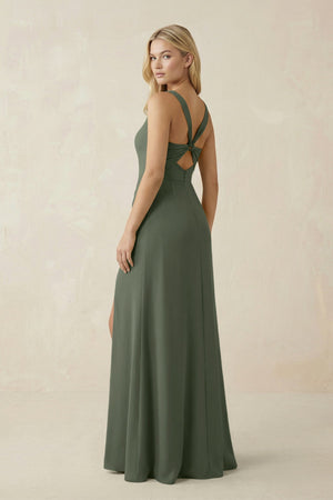Square Neck Ruched Sheath Satin Bridesmaid Dress in Thyme - SHE IS ME Bridesmaid Dresses