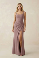 Square Neck Ruched Sheath Satin Bridesmaid Dress in Toffee - KISS BRIDAL Bridesmaid Dresses