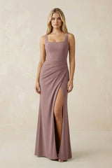 Square Neck Ruched Sheath Satin Bridesmaid Dress in Toffee - KISS BRIDAL Bridesmaid Dresses