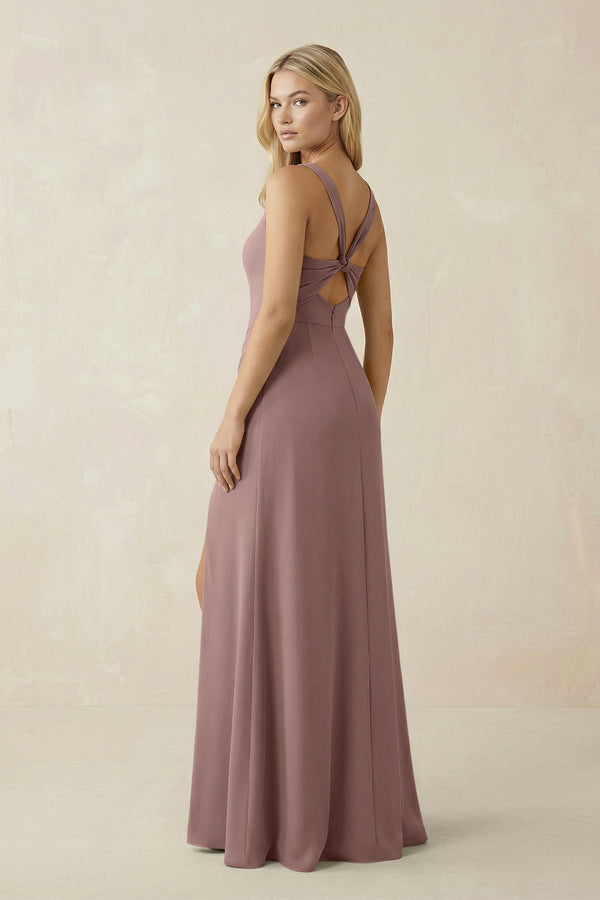 Square Neck Ruched Sheath Satin Bridesmaid Dress in Toffee - KISS BRIDAL Bridesmaid Dresses