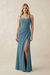 Square Neck Ruched Sheath Satin Bridesmaid Dress in Twilight - KISS BRIDAL Bridesmaid Dresses