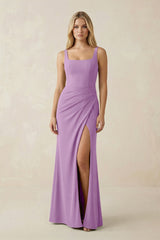 Square Neck Ruched Sheath Satin Bridesmaid Dress in Vintage Mauve - KISS BRIDAL Bridesmaid Dresses