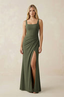 Square Neck Ruched Sheath Satin Bridesmaid Dress in Willow Green - SHE IS ME Bridesmaid Dresses