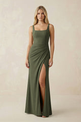 Square Neck Ruched Sheath Satin Bridesmaid Dress in Willow Green - KISS BRIDAL Bridesmaid Dresses