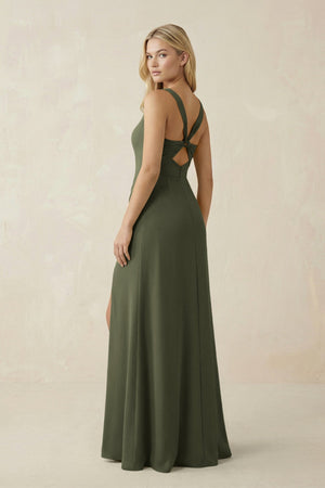 Square Neck Ruched Sheath Satin Bridesmaid Dress in Willow Green - SHE IS ME Bridesmaid Dresses