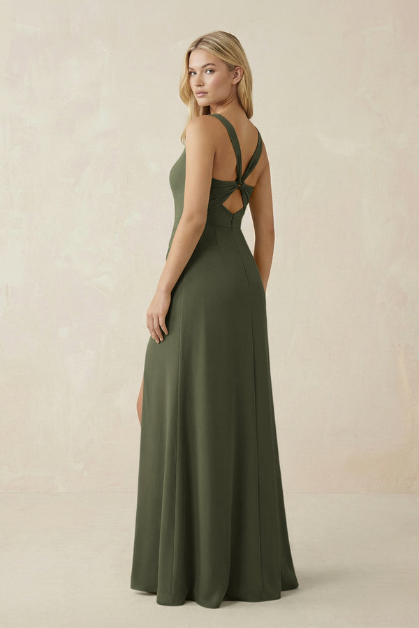 Square Neck Ruched Sheath Satin Bridesmaid Dress in Willow Green - SHE IS ME Bridesmaid Dresses