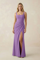 Square Neck Ruched Sheath Satin Bridesmaid Dress in Wisteria - KISS BRIDAL Bridesmaid Dresses