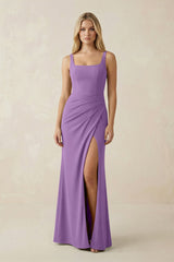 Square Neck Ruched Sheath Satin Bridesmaid Dress in Wisteria - KISS BRIDAL Bridesmaid Dresses