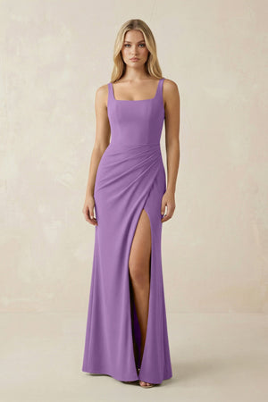 Square Neck Ruched Sheath Satin Bridesmaid Dress in Wisteria - KISS BRIDAL Bridesmaid Dresses