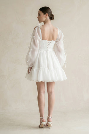 Square Neck Ruffled A - Line Long Sleeves Tulle Wedding Dress in White - SHE IS ME Wedding Dresses