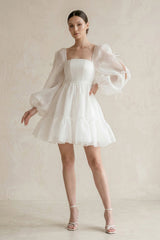 Square Neck Ruffled A - Line Long Sleeves Tulle Wedding Dress in White - KISS BRIDAL Wedding Dresses