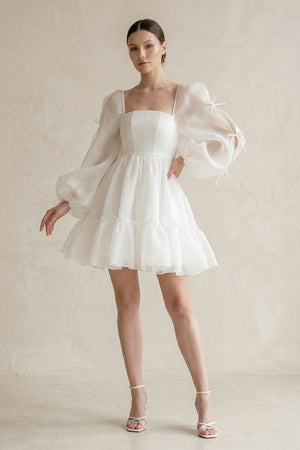 Square Neck Ruffled A - Line Long Sleeves Tulle Wedding Dress in White - SHE IS ME Wedding Dresses