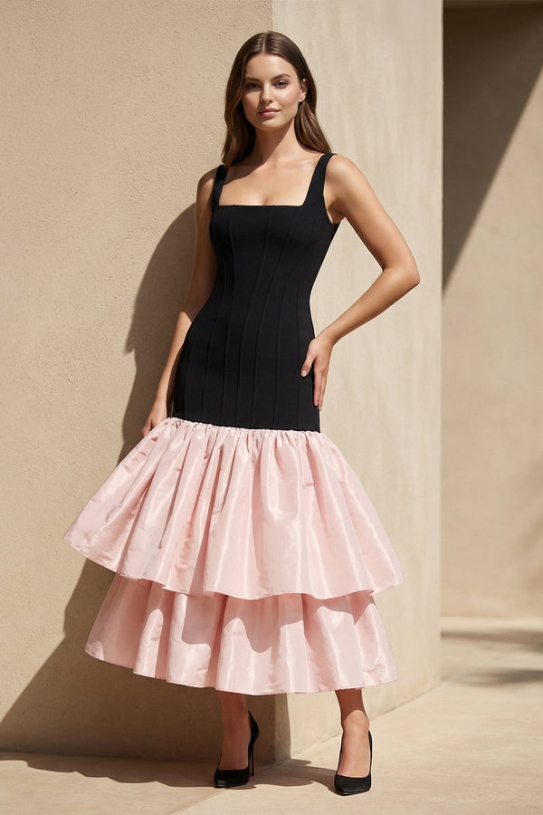 Square Neck Ruffled Midi Dress in Black and Pink - SHE IS ME