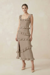 Square Neck Ruffled Sheath Satin Midi Bridesmaid Dress in Almond - KISS BRIDAL Bridesmaid Dresses
