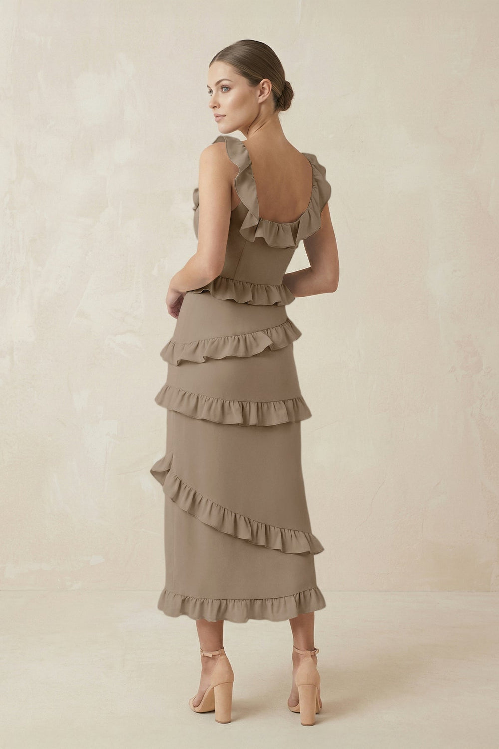 Square Neck Ruffled Sheath Satin Midi Bridesmaid Dress in Almond - SHE IS ME Bridesmaid Dresses